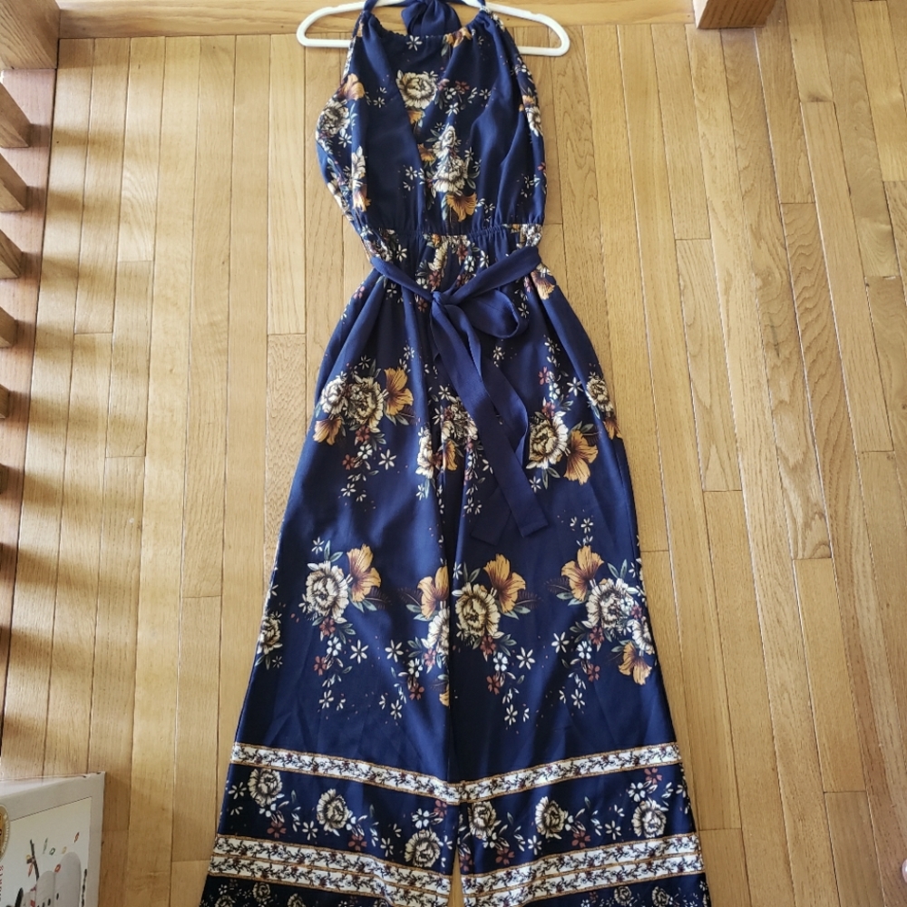 easel Navy Floral Halter Jumpsuit with Mustard Accents
